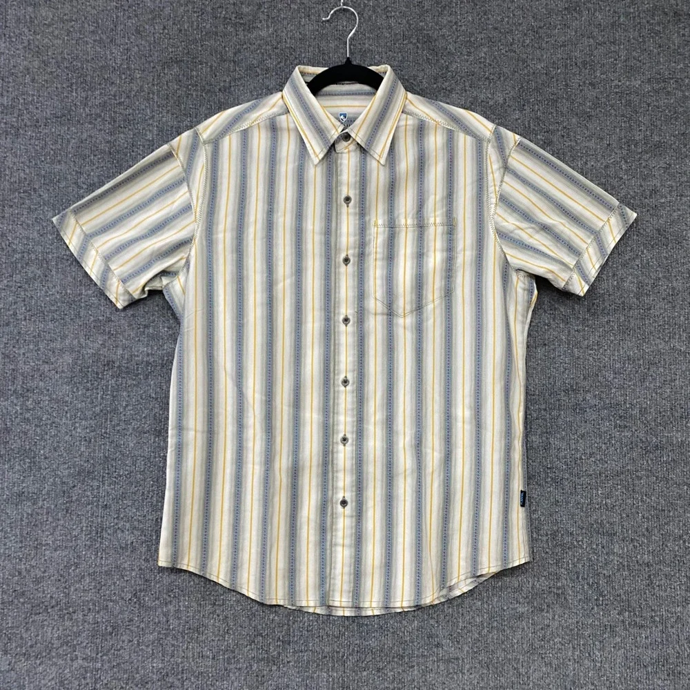 Kuhl Mens Small Short Sleeve Button Down Shirt Striped Outdoor Hiking Tan Yellow